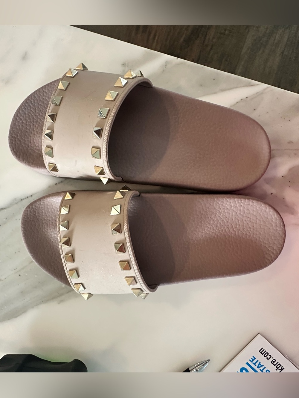 Valentino Rockstud Slide Sandals - nude